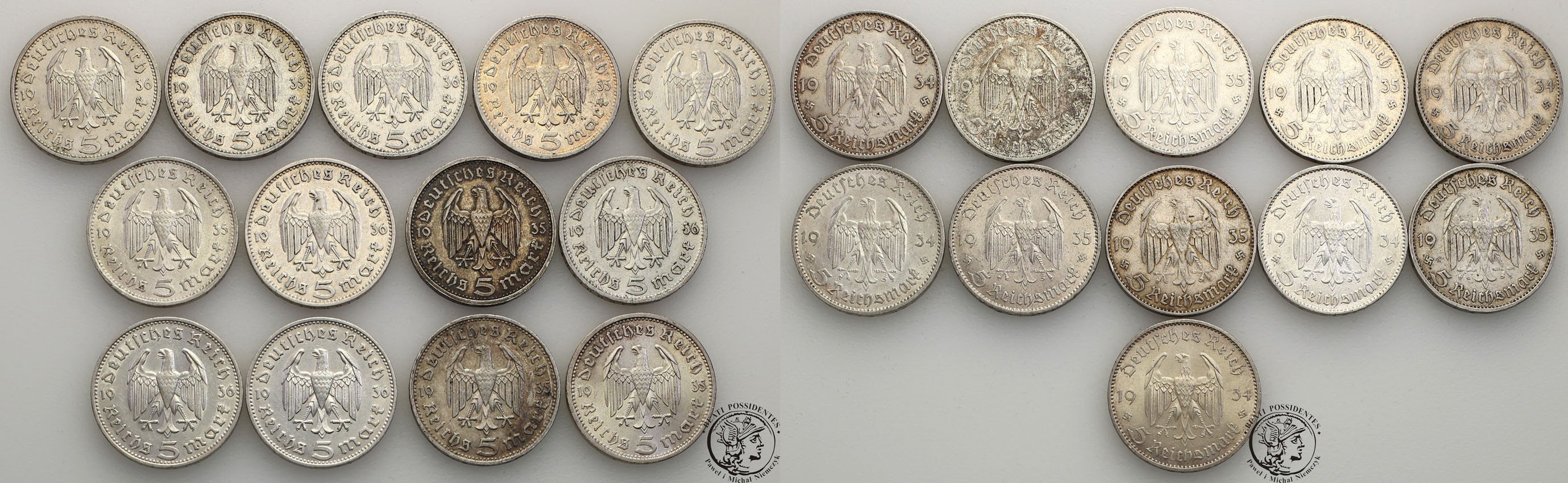 Niemcy, III Rzesza. Zestaw monet 5 marek kościół Hindenburg (1934-1935)